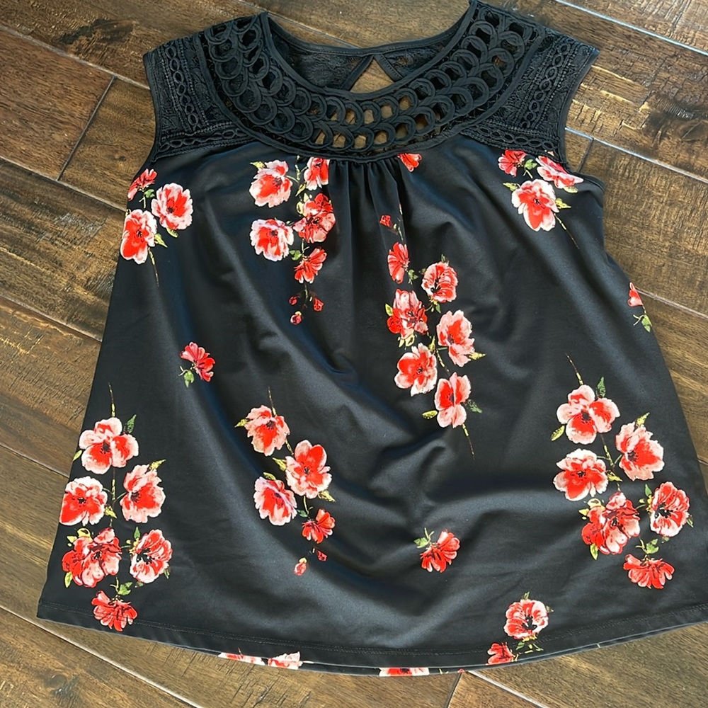 Red floral Maurices blouse.